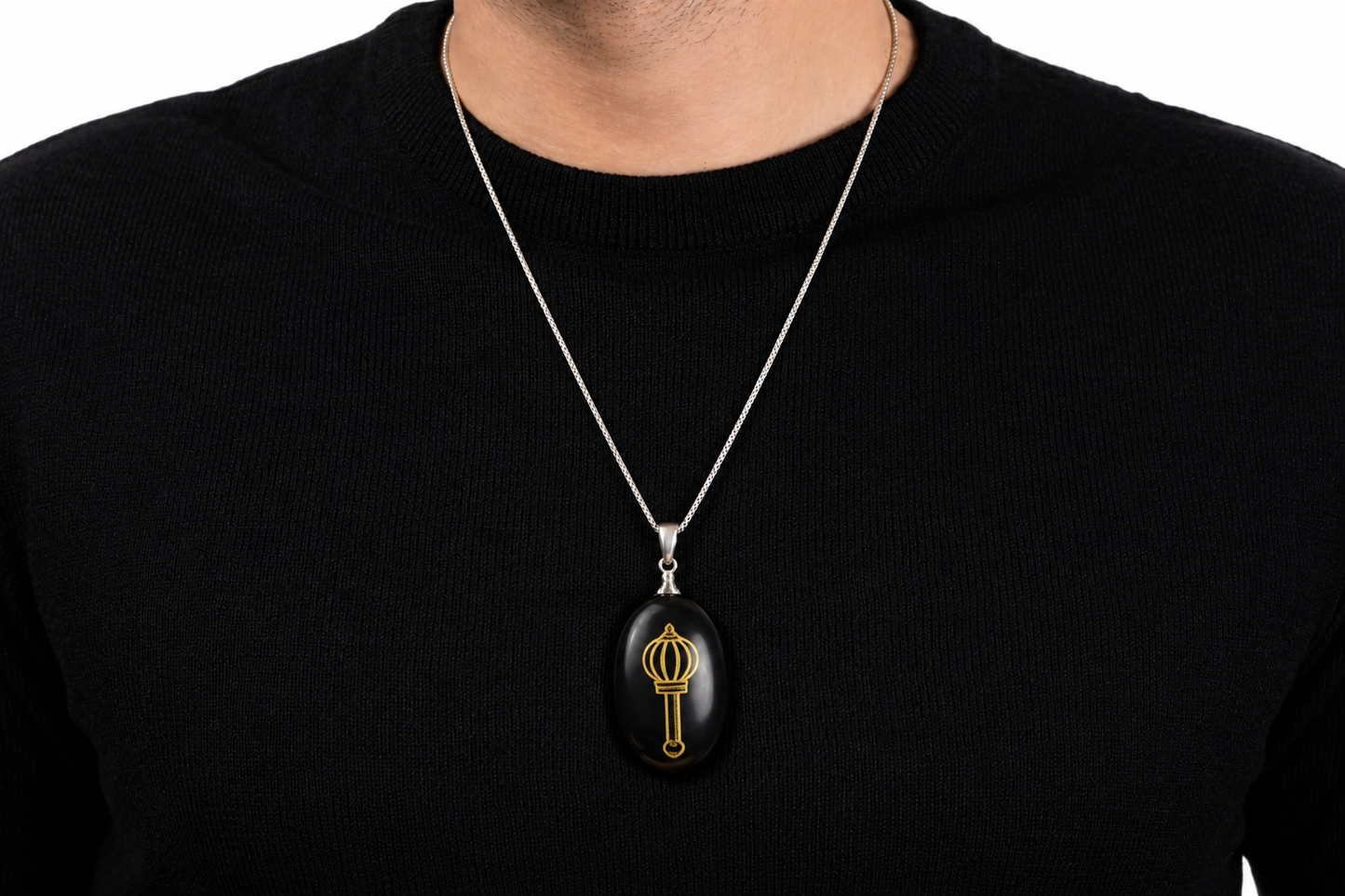 Ramvarna Hanuman Ji Gada Engraved Black Onyx Stone Pendant with Silver Chain