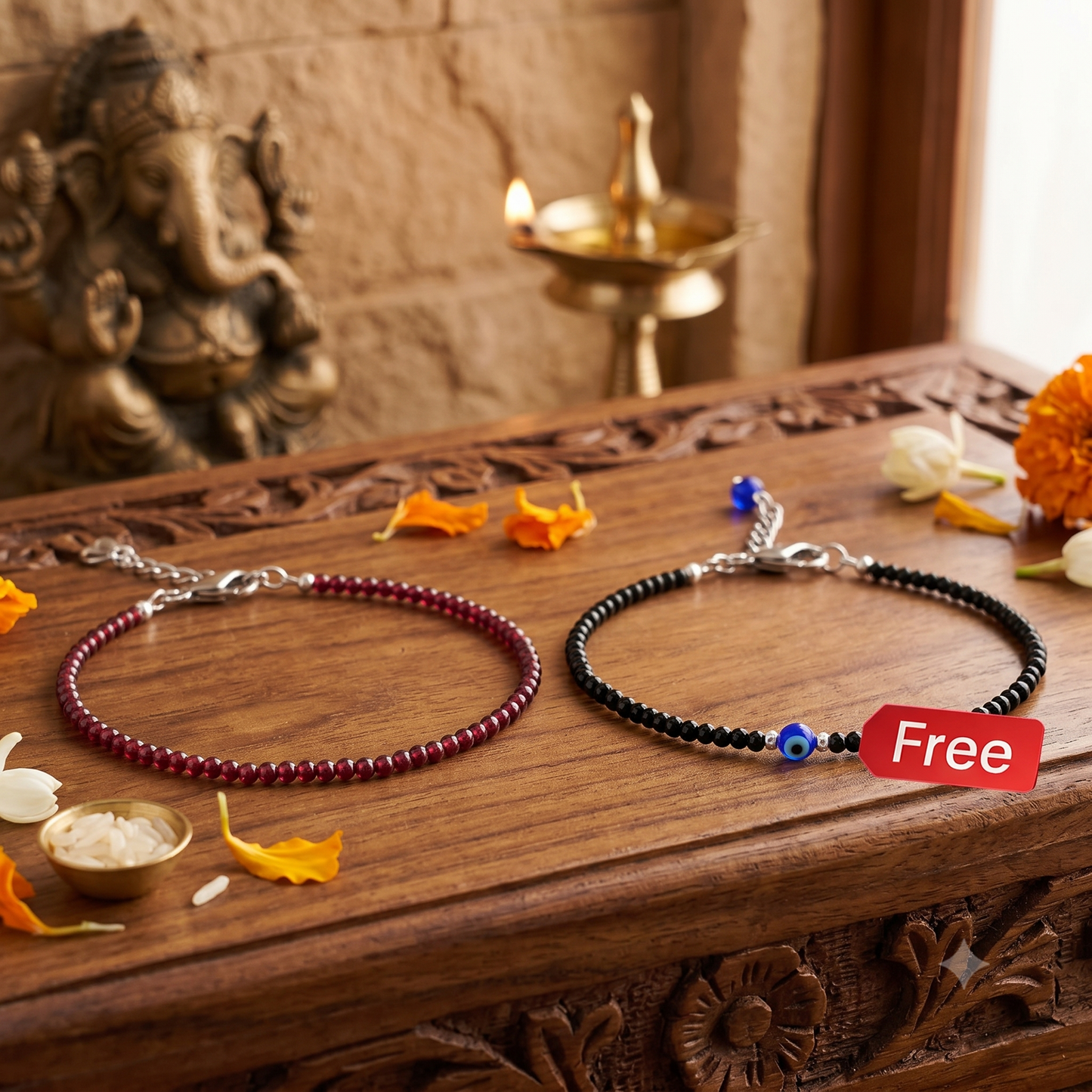 Garnet Anklet with FREE Black Tourmaline Anklet with Evil Eye Charm