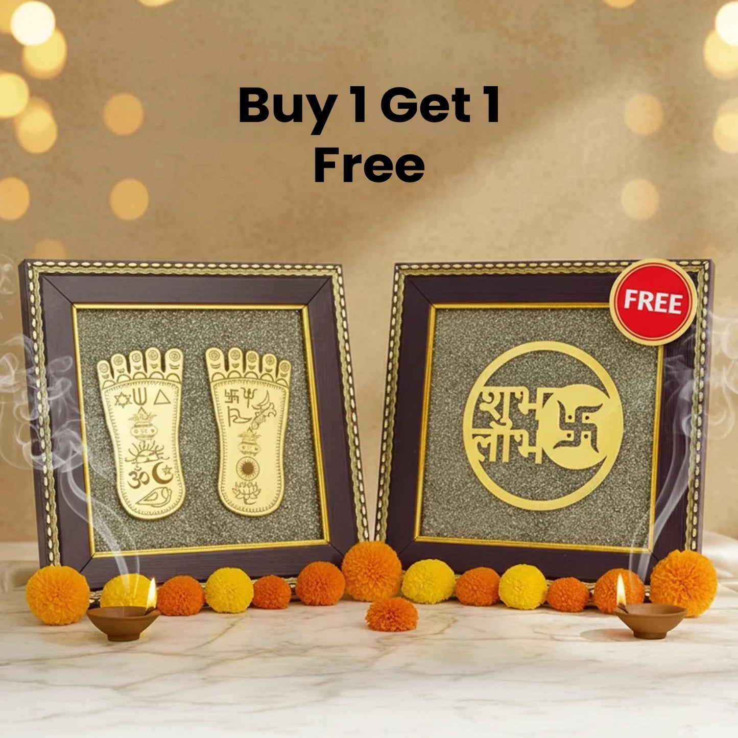 Lakshmi Charan Paduka Frame with FREE Subh Labh Pyrite Frame