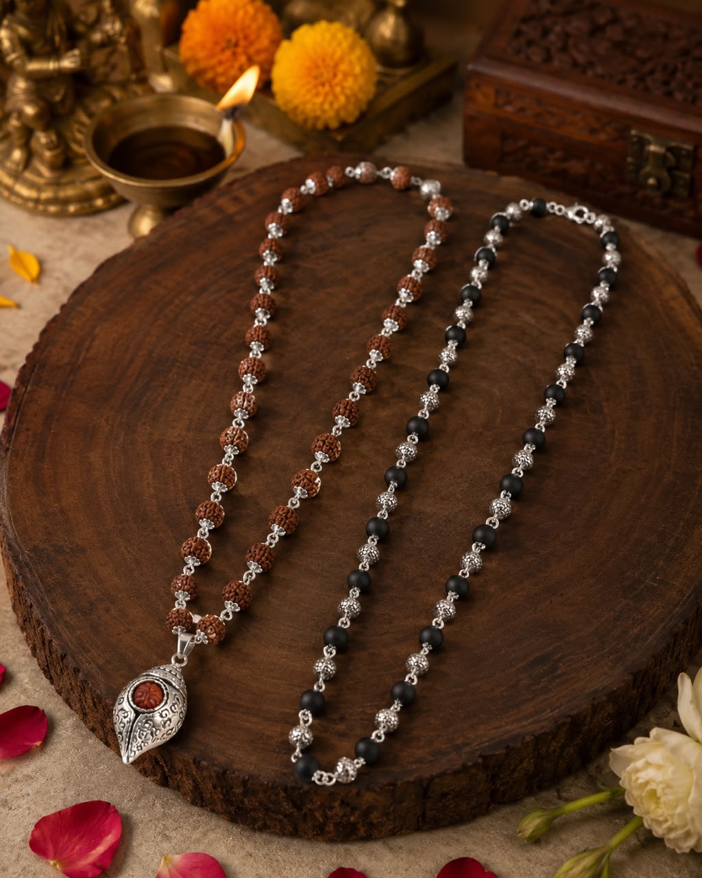 Divya Shankh Rudraksha Mala with Om Bead Karungali Mala