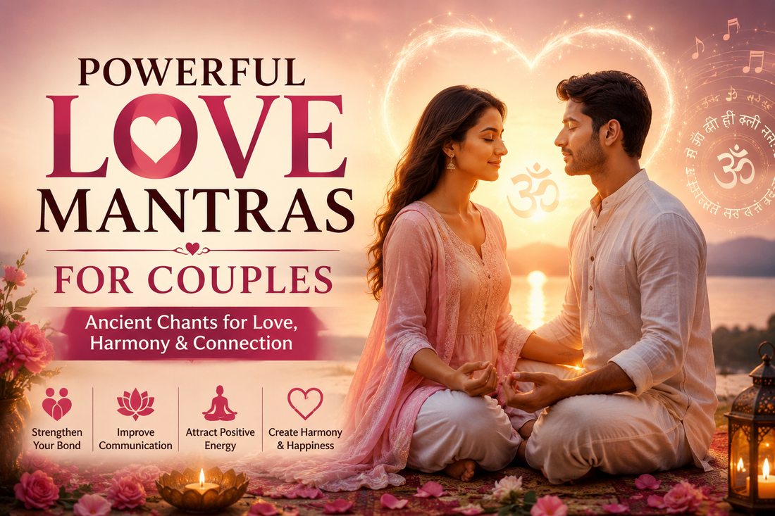 Couple meditating together at sunset with spiritual symbols and the title "Powerful Love Mantras for Couples".