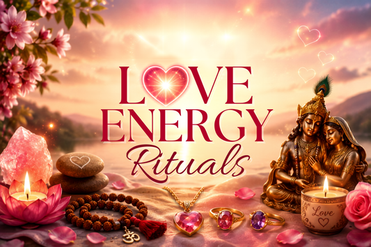 Love Energy Rituals with Rudraksha, gemstone jewelry, and heart chakra healing symbols.