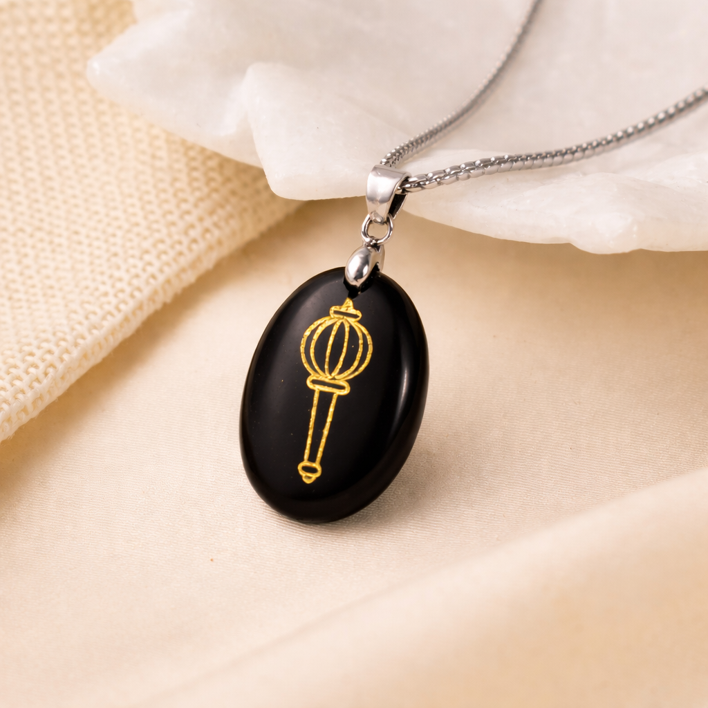 Ramvarna Hanuman Ji Gada Engraved Black Onyx Stone Pendant with Silver Chain