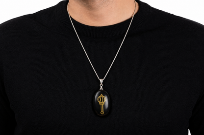 Ramvarna Hanuman Ji Gada Engraved Black Onyx Stone Pendant with Silver Chain
