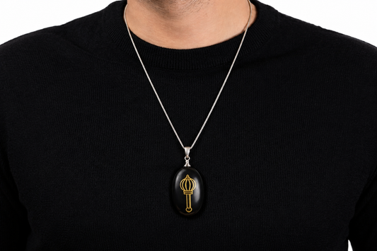 Ramvarna Hanuman Ji Gada Engraved Black Onyx Stone Pendant with Silver Chain