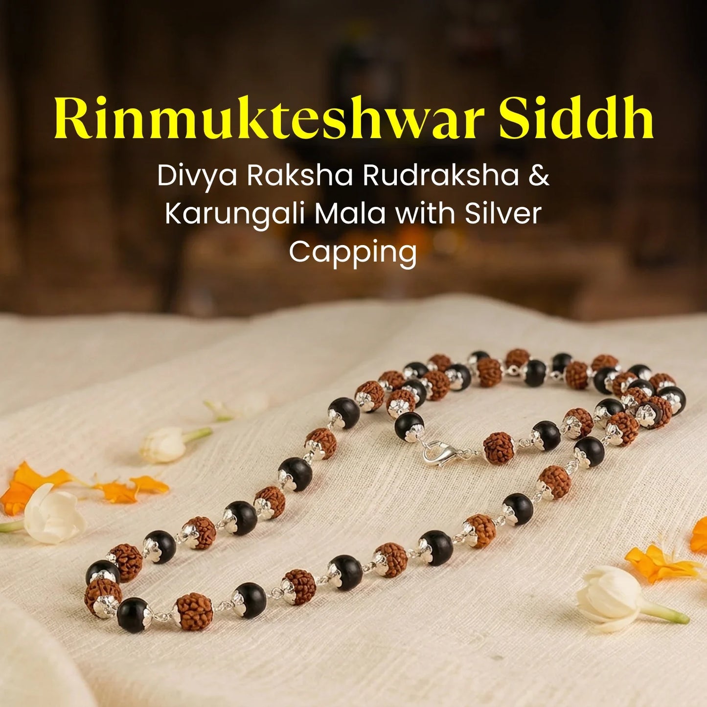 Rinmukteshwar Siddh Divya Rudraksha Karungali Mala - Silver Capped