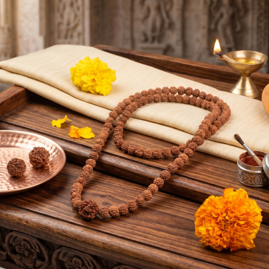 3 Mukhi Rudraksha Bead in 5 Mukhi Rudraksha Mala