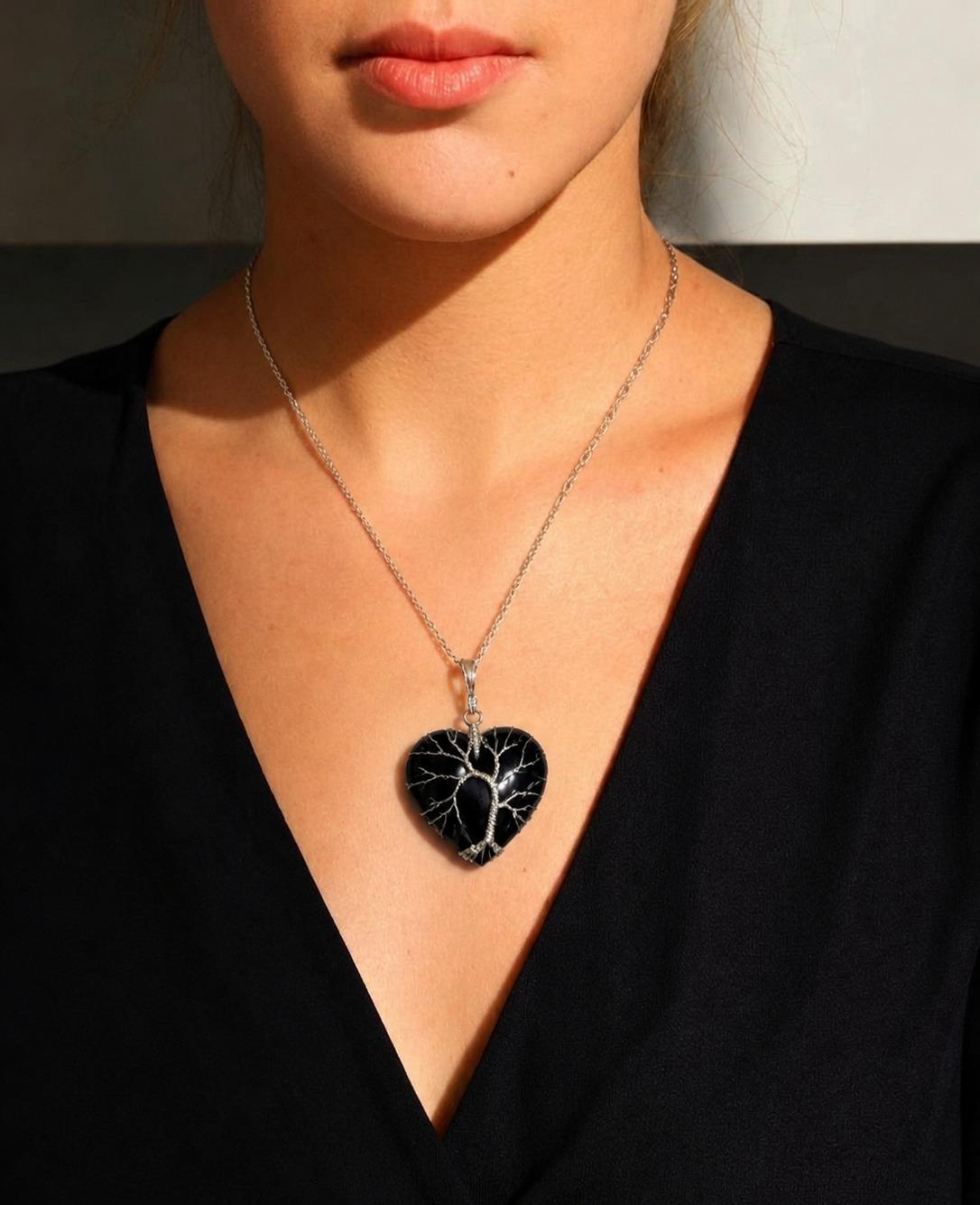 Ramvarna Black Heart Crystal Tree of Life Pendant Necklace for Women
