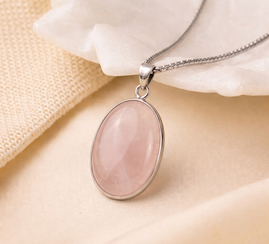 Ramvarna Natural Rose Quartz Oval Stone Pendant with Silver-Plated Chain